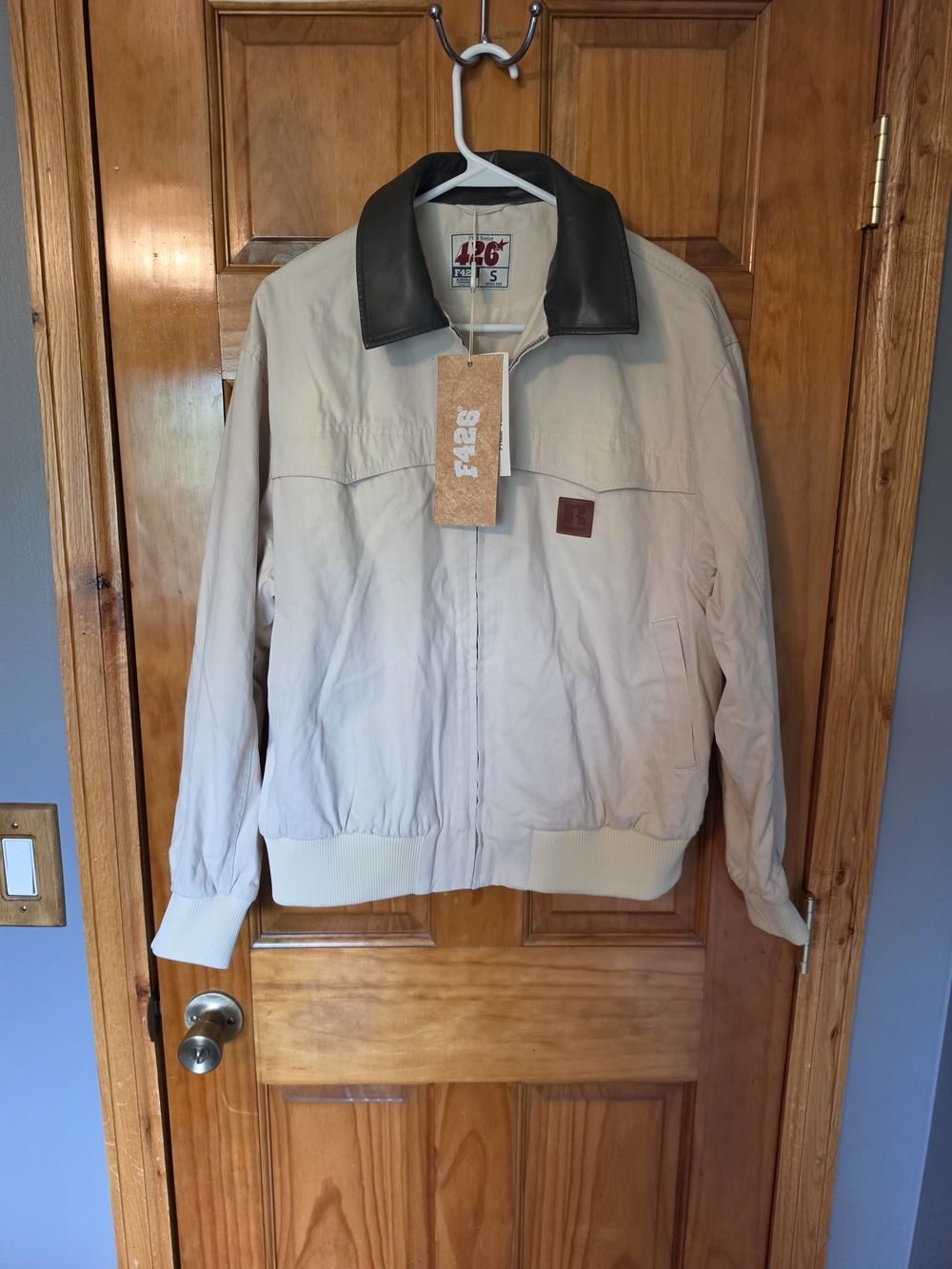 Men's Light Beige Bomber Jacket with Dark Contrast Collar